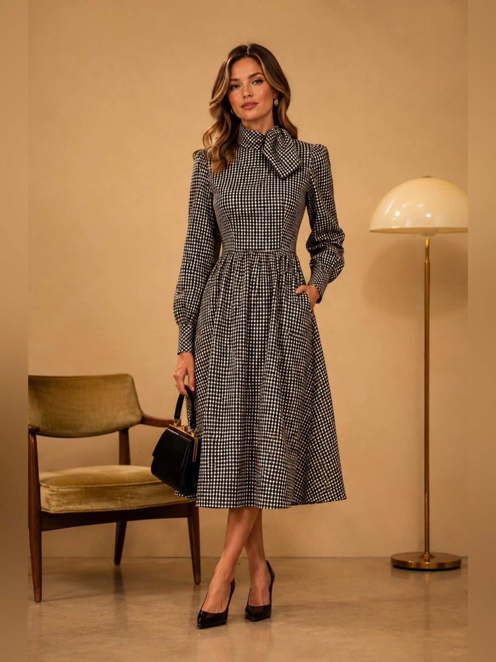 Vintage Early 70’s Geoffrey Beene Boutique Black & White Gingham Taffeta Dress